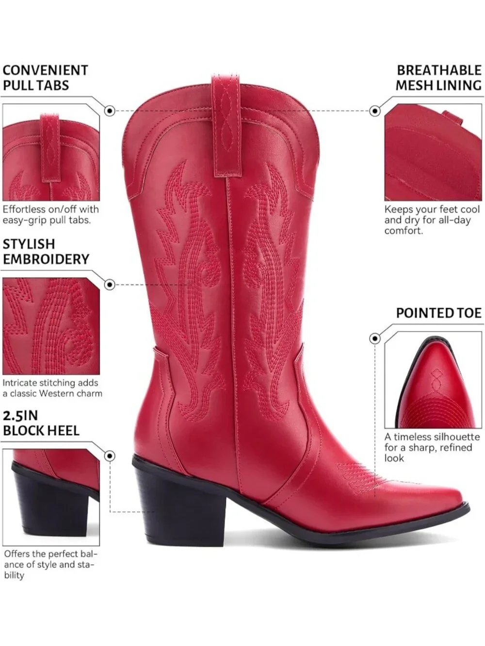 Women's Red Cowboy Boots Pointed Toe Western Boots Embroidered Mid Calf Boots - Picture 3 of 6